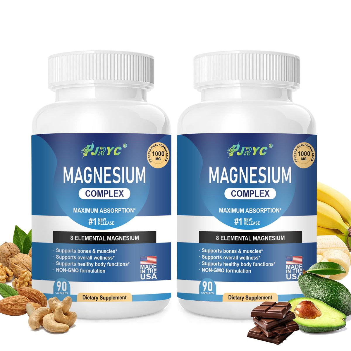 PJRYC Magnesio Complejo 1000mg, cápsulas para relajación diaria