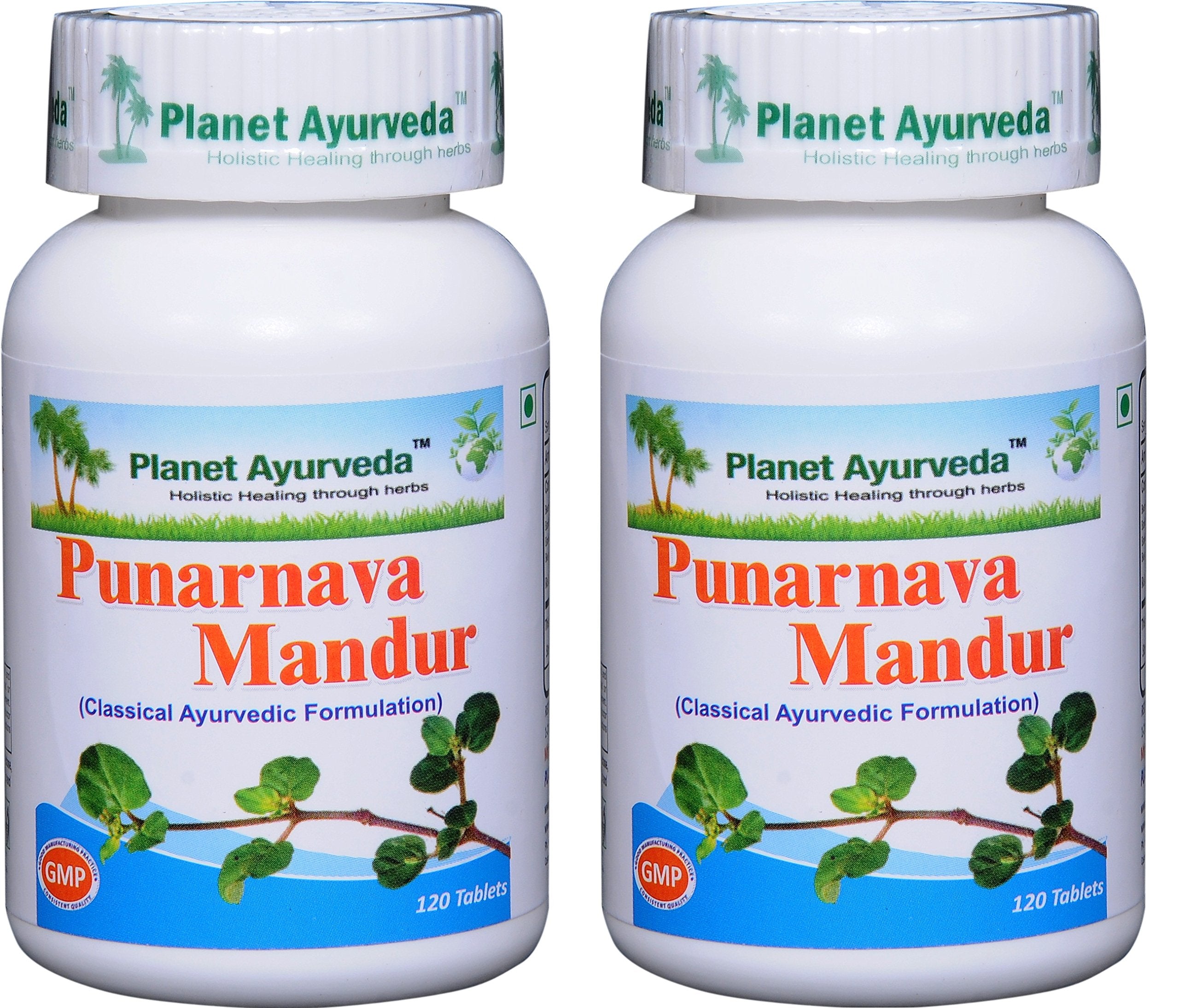 Planet Ayurveda Punarnava Mandur, frente de botella, favorece el bienestar renal con uso diario.