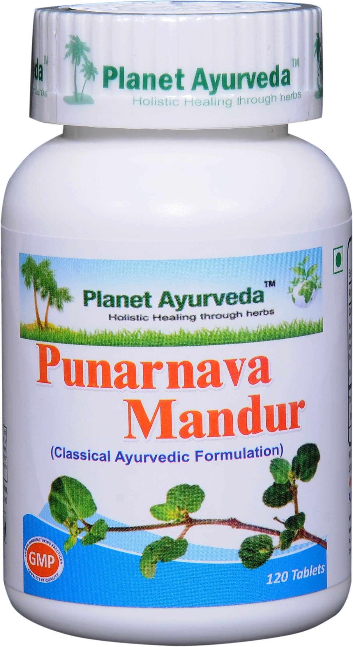 Planet Ayurveda Punarnava Mandur, tabletas dentro de la botella, apoyo natural para la salud renal.
