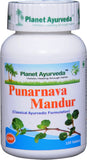 Planet Ayurveda Punarnava Mandur, tabletas dentro de la botella, apoyo natural para la salud renal.
