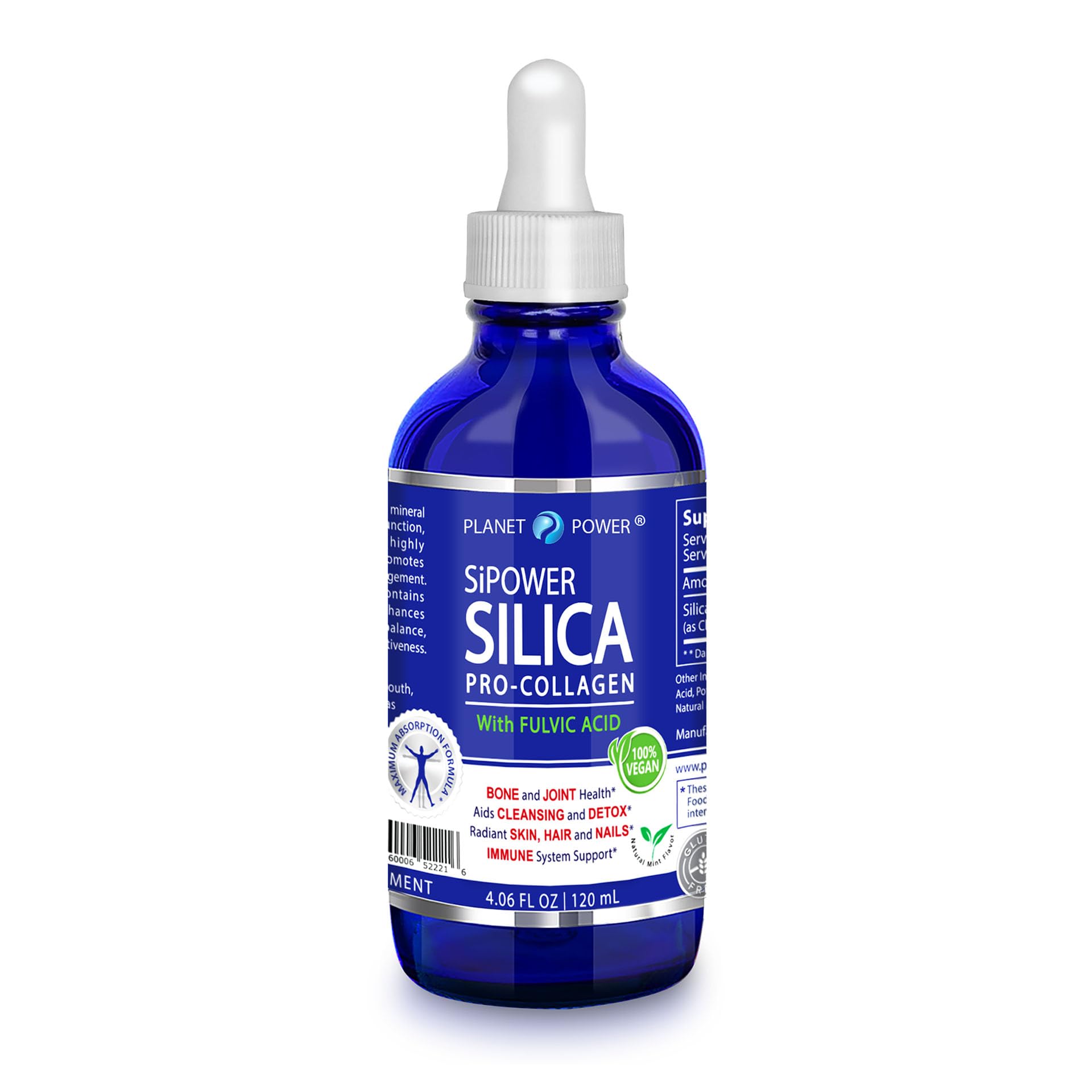 Planet Power SiPower Silica, envase-gota para apoyo potencial a articulaciones.