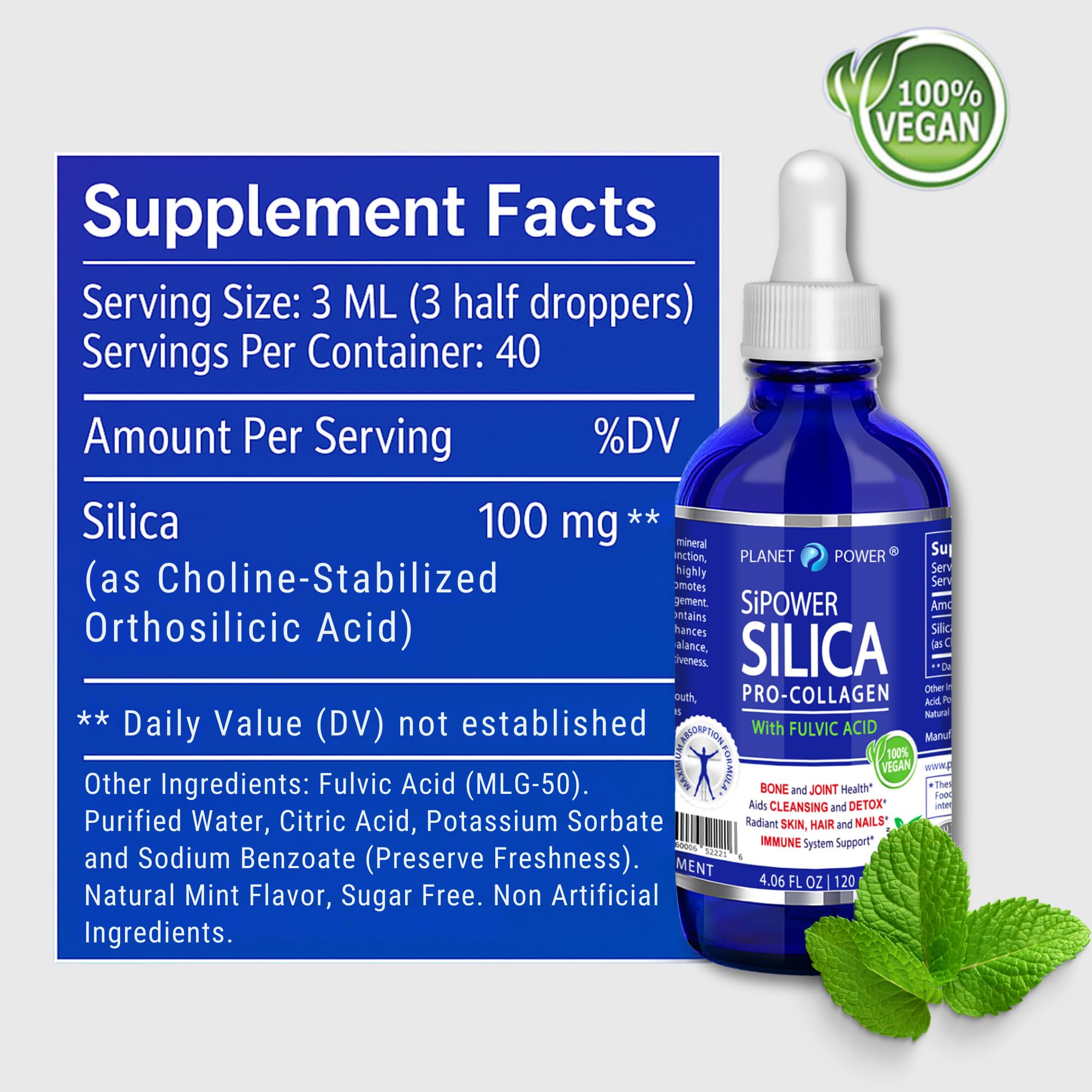Planet Power SiPower Silica, presentacion-4oz en envase de vidrio.
