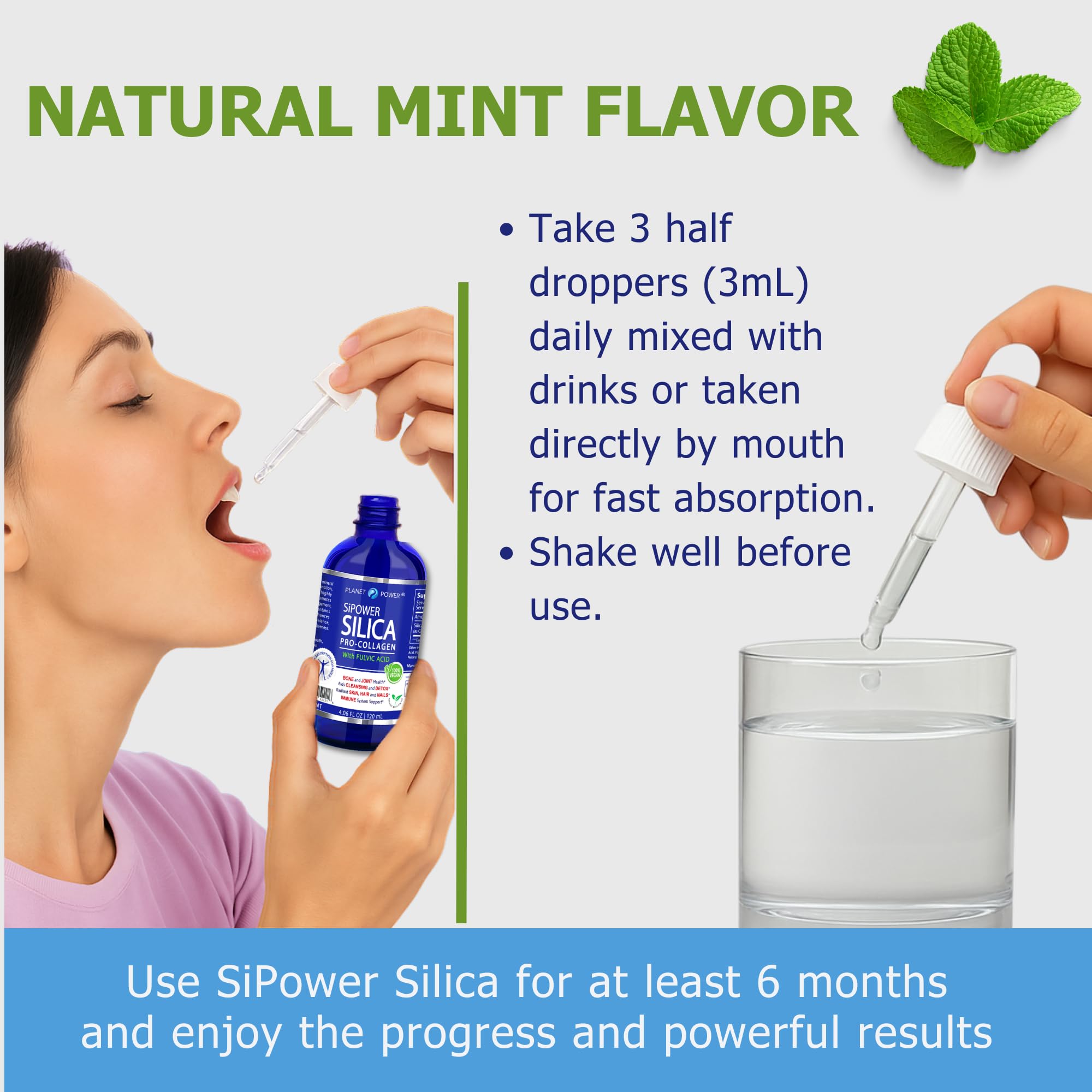 Planet Power SiPower Silica, sabor-menta-natural agradable al tomar.