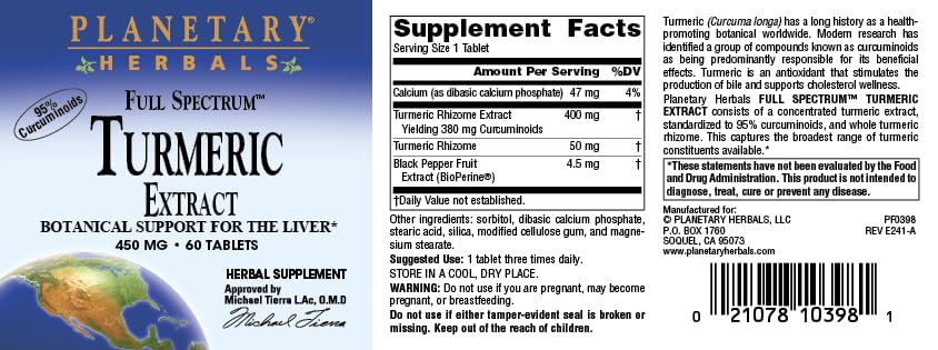 Caja del producto Planetary Herbals de cúrcuma extracto