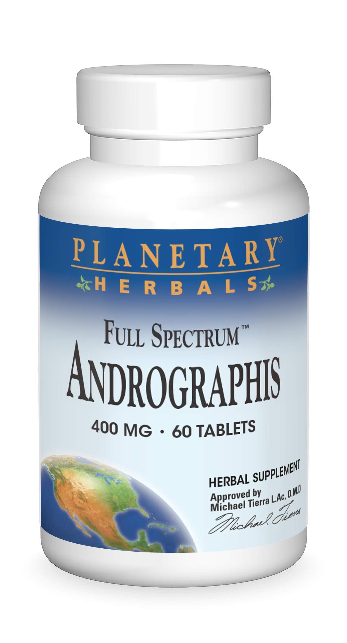 Planetary Herbals Espectro Completo Andrographis 400 mg, botella frontal, posible apoyo al bienestar diario.