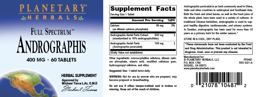 Planetary Herbals Espectro Completo Andrographis 400 mg, primer plano del envase, fácil de incorporar a la rutina.