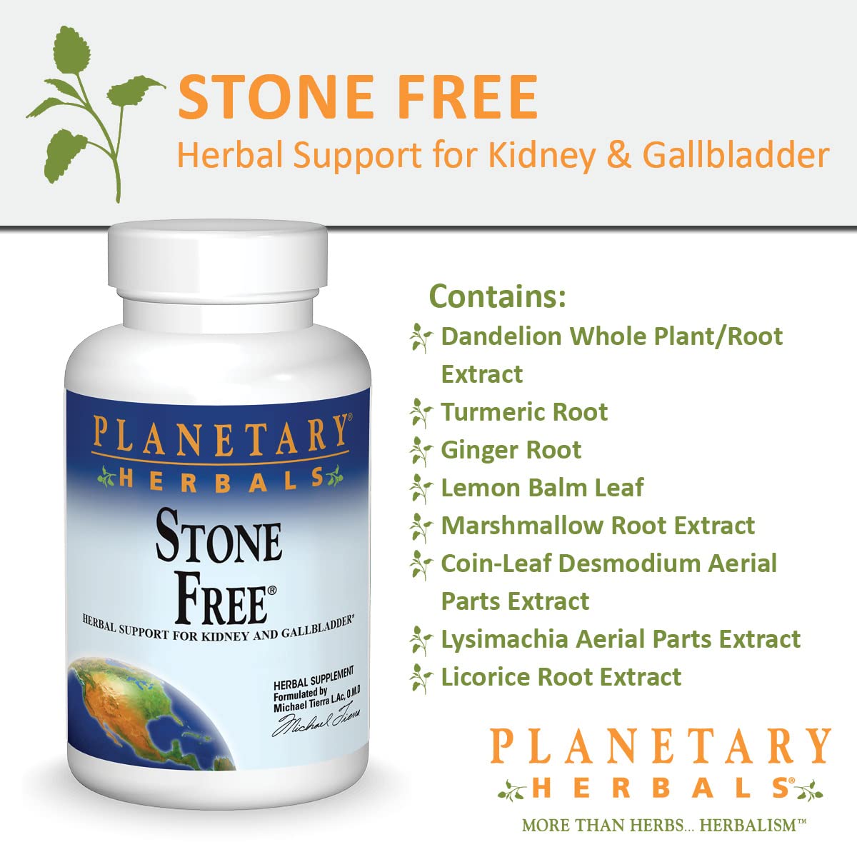 Planetary Herbals Stone Free, mezcla de hierbas visibles para rutina diaria.