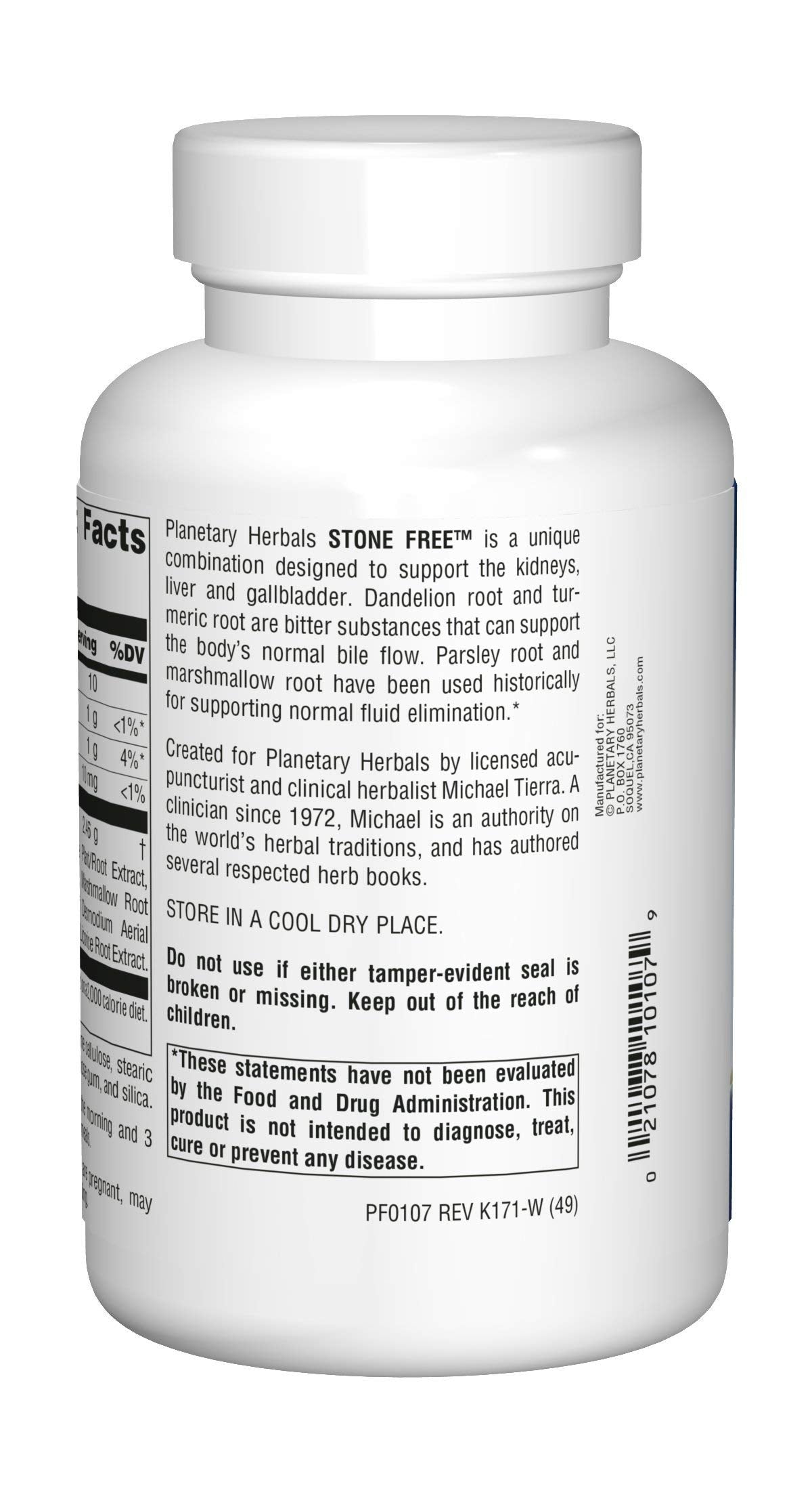 Planetary Herbals Stone Free, tabletas visibles, apoyo digestivo y desintoxicación suave.