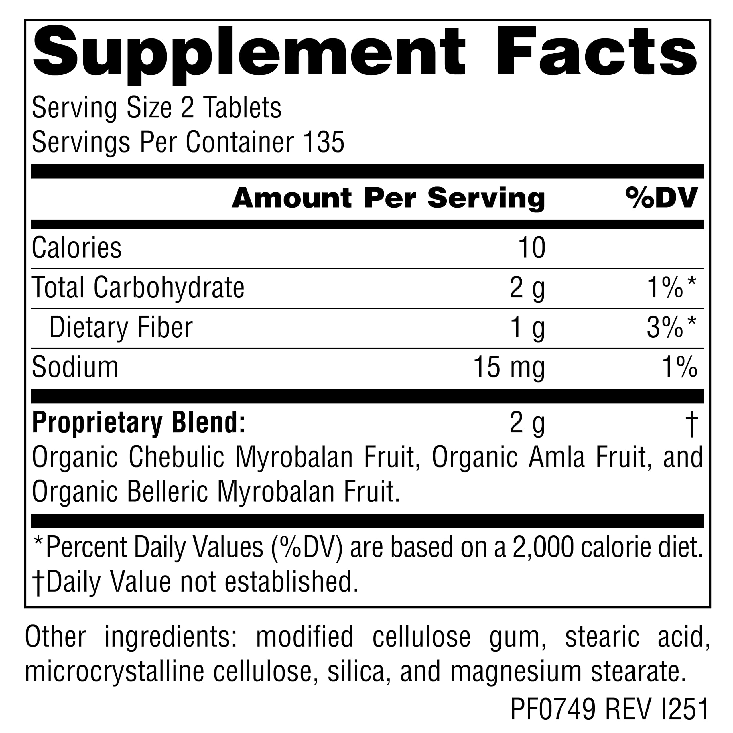 Planetary Herbals Triphala frente del envase, suplemento para equilibrio intestinal