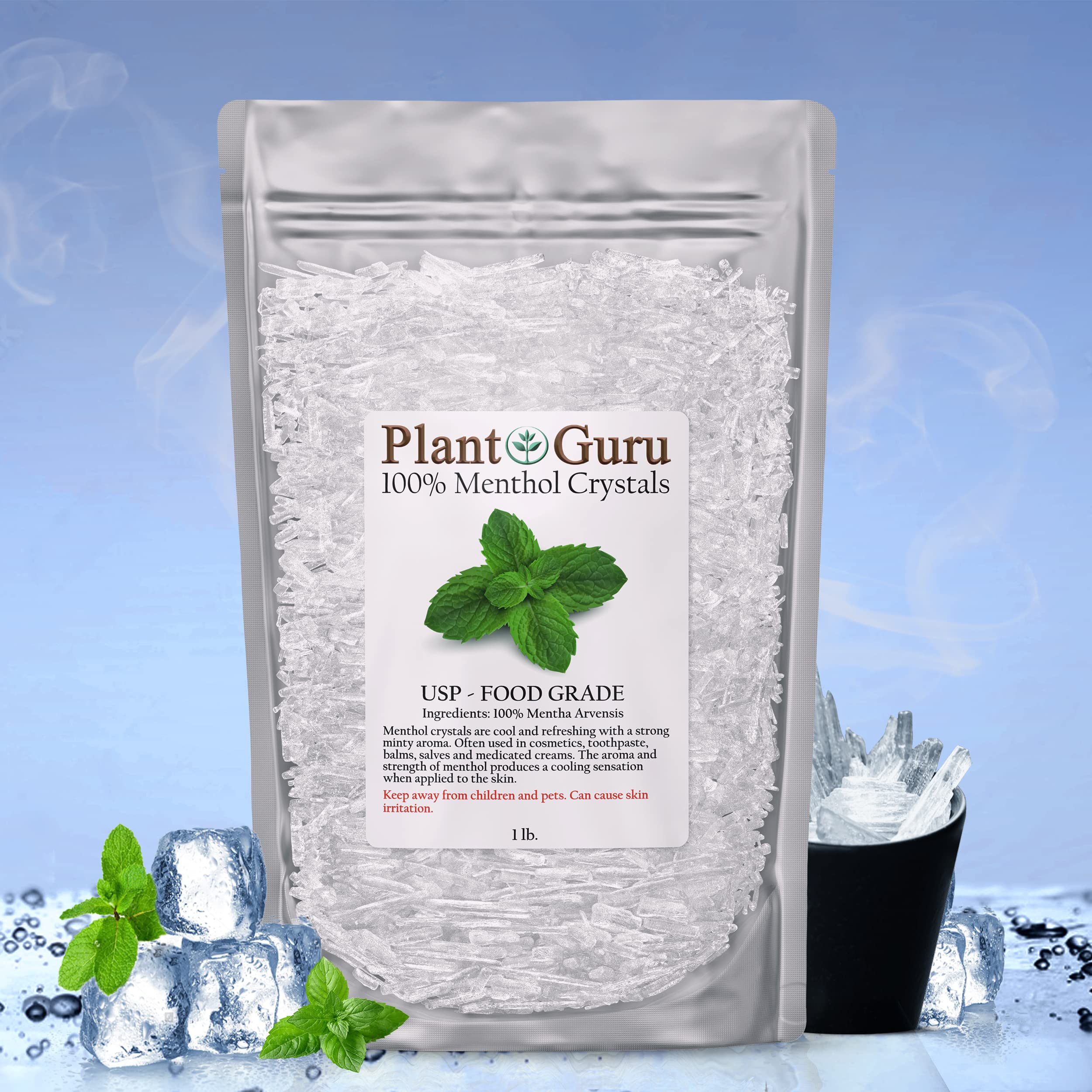 Plant Guru cristales de mentol en primer plano, perfecto para difusores y ambientación fresca