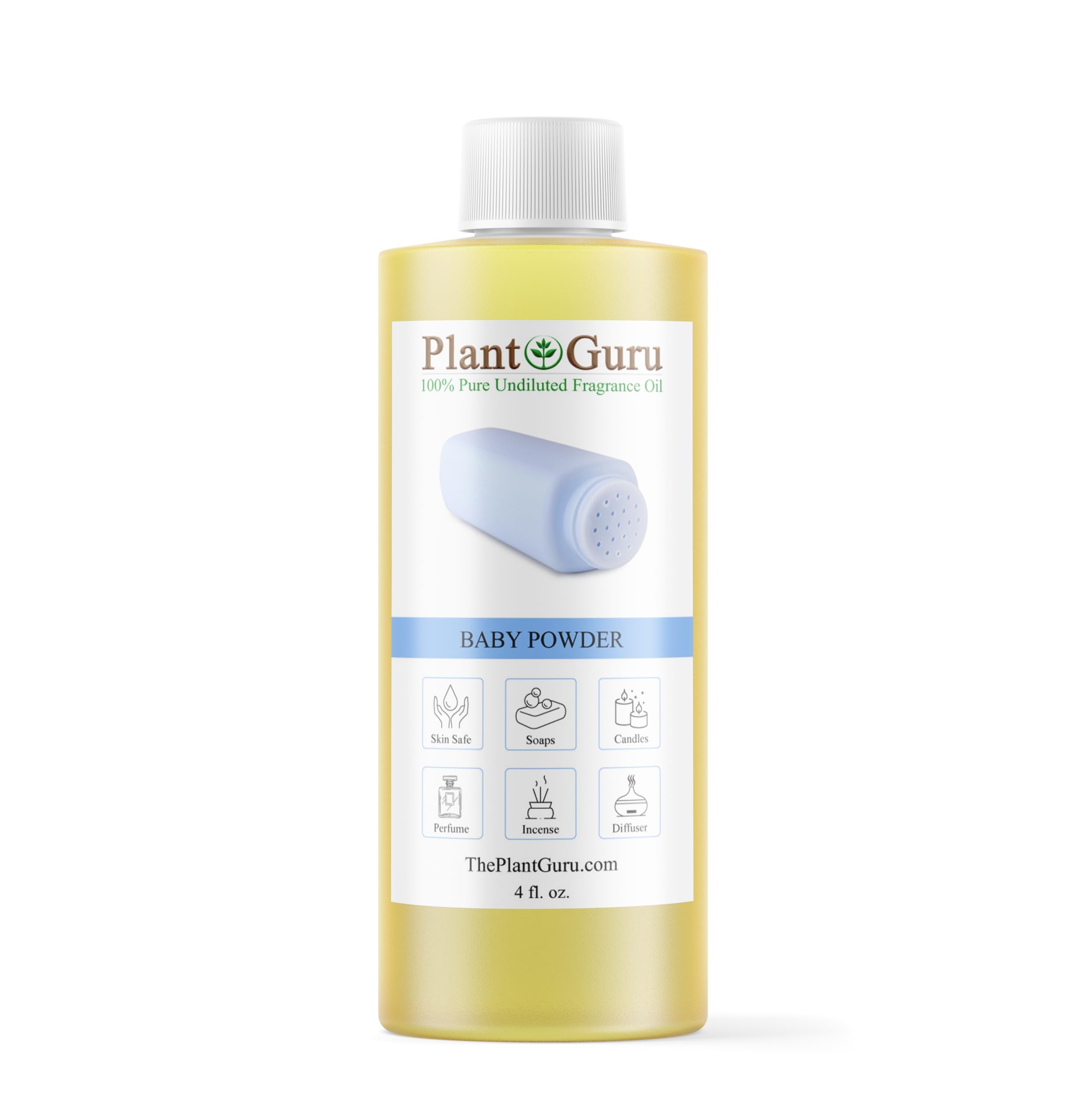 Plant Guru Baby Powder: frasco con aroma suave para proyectos caseros y cuidado personal.