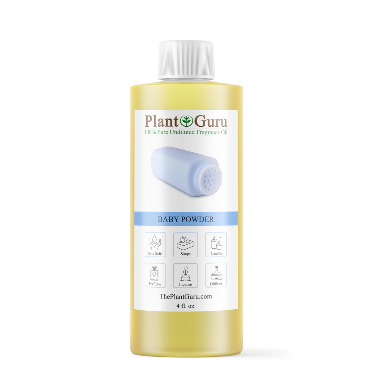 Plant Guru Baby Powder: frasco con aroma suave para proyectos caseros y cuidado personal.
