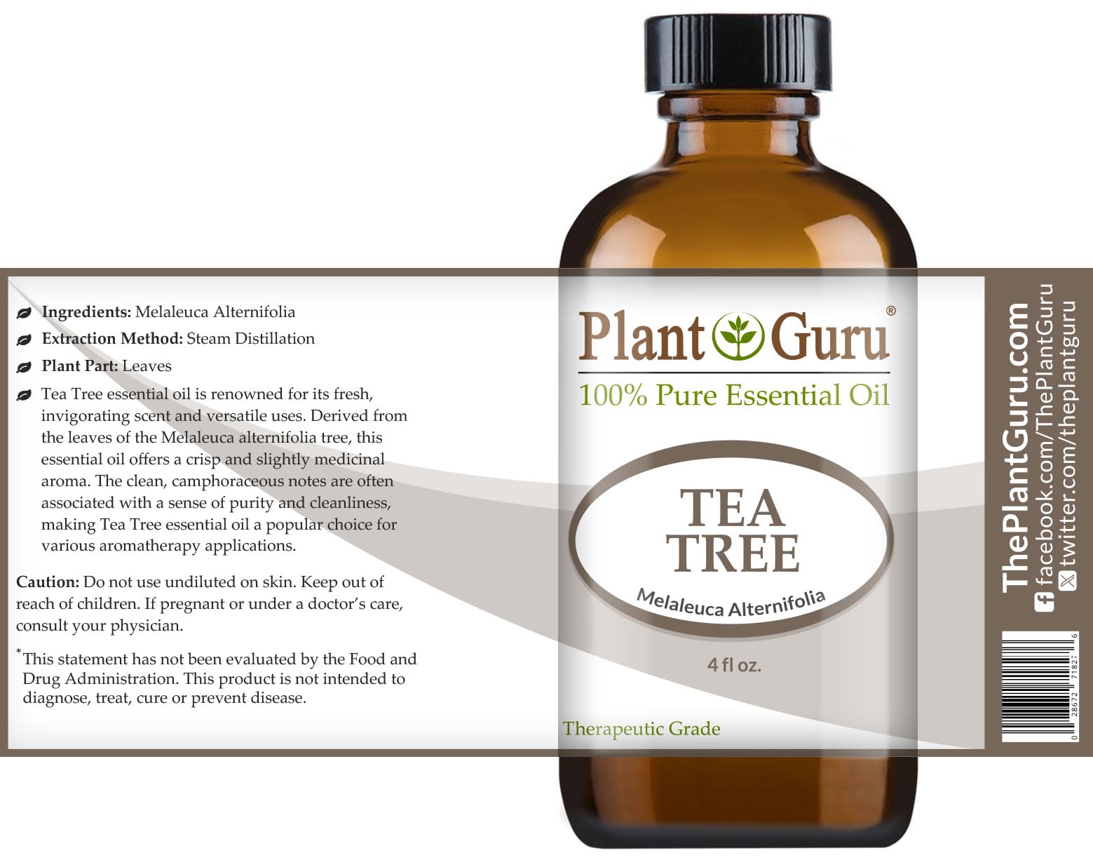 Plant Guru Tea Tree: etiqueta clara para identificar aceite terapéutico puro.