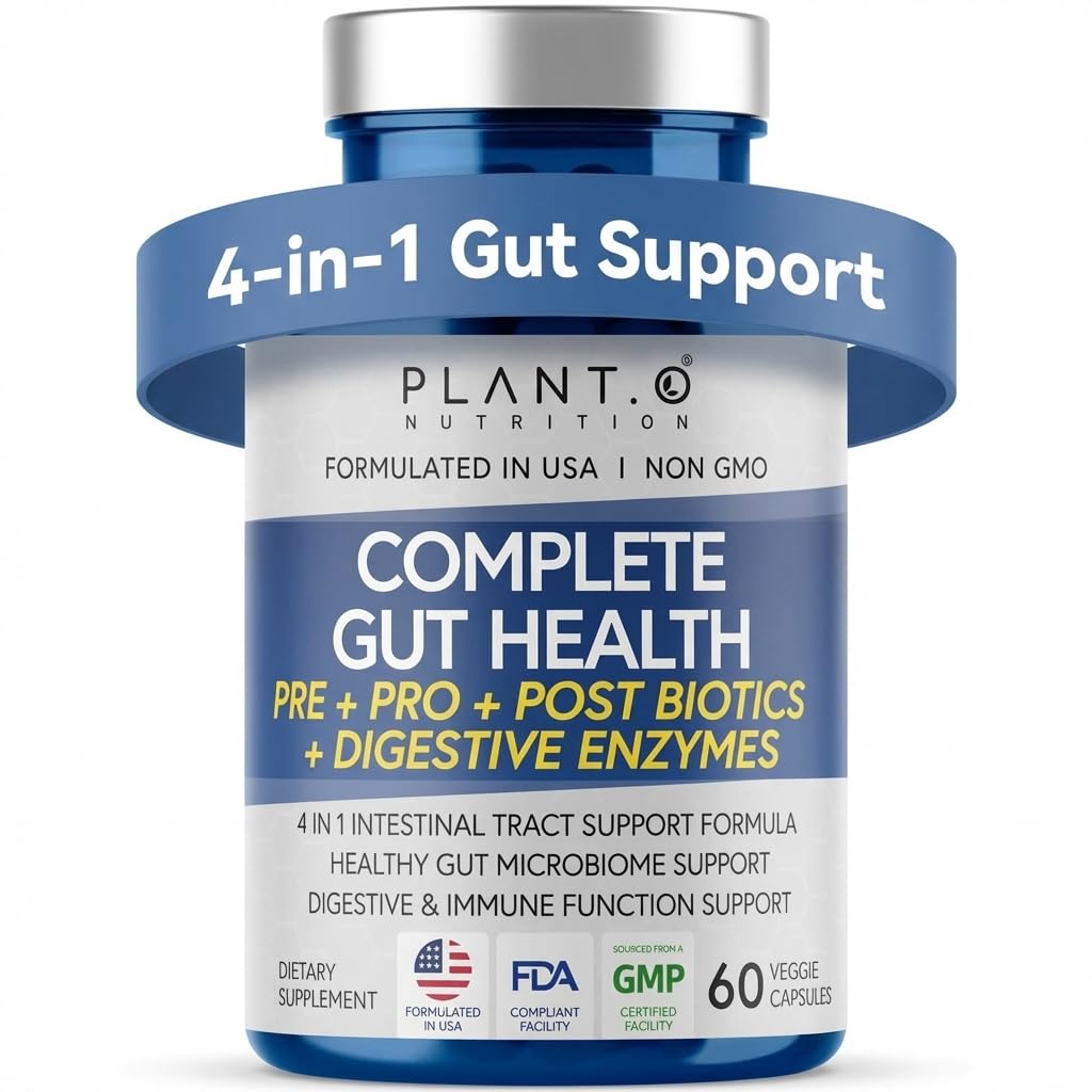 PLANT.O NUTRITION 4en1, botella y cápsulas para equilibrio intestinal y comodidad diaria.