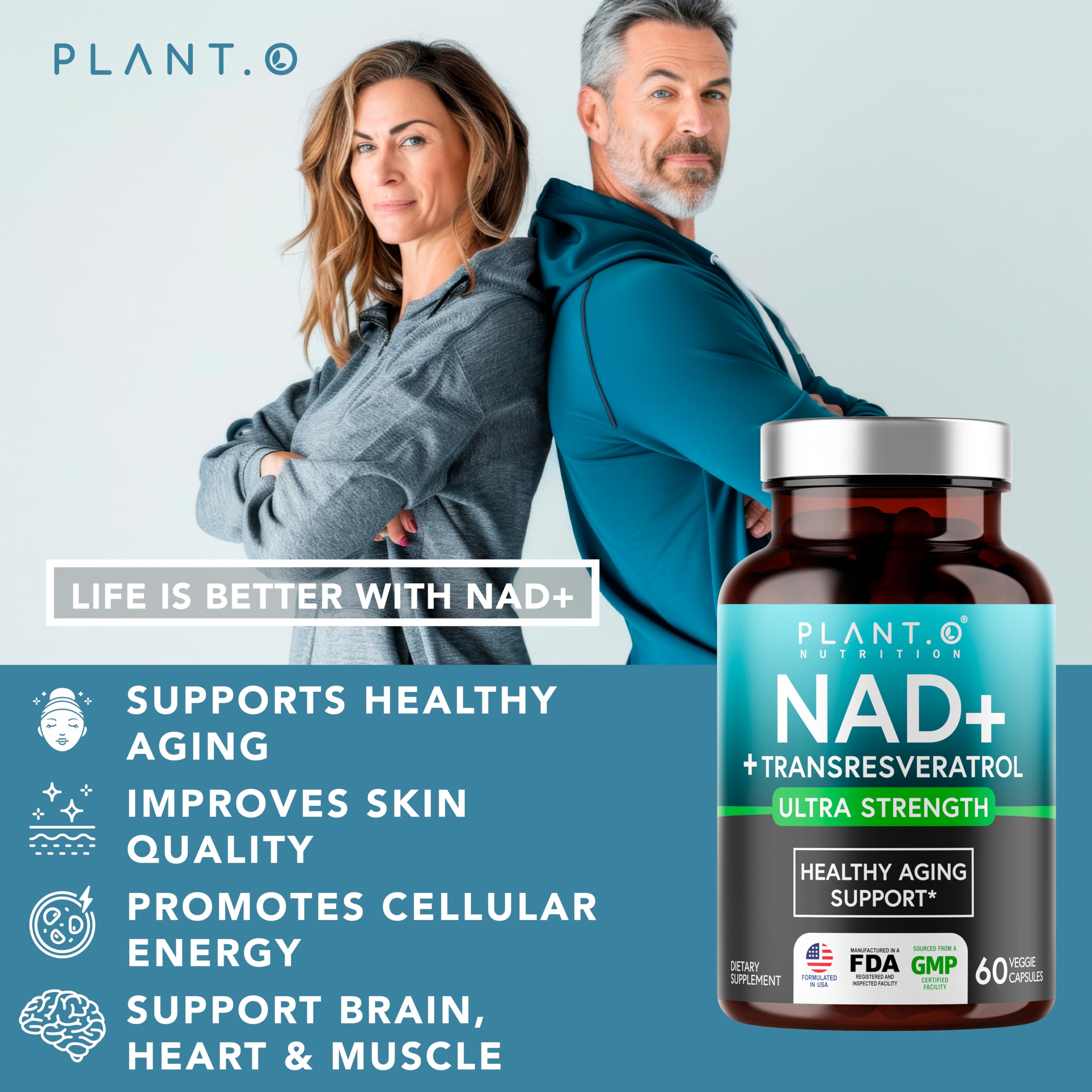 Frasco PLANT.O NUTRITION NAD+ 500 mg con resveratrol para energía sostenida
