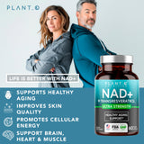 Frasco PLANT.O NUTRITION NAD+ 500 mg con resveratrol para energía sostenida