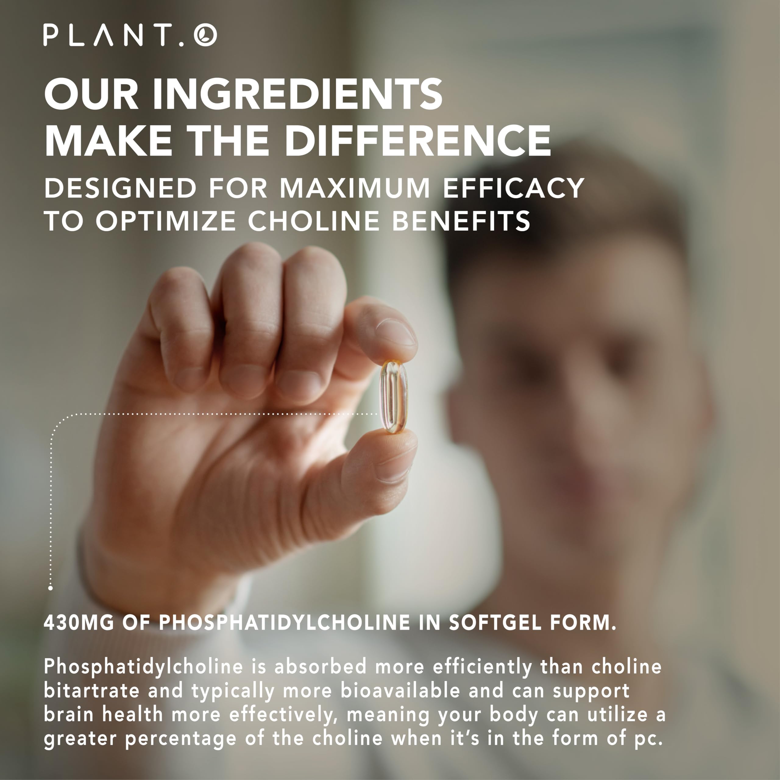 PLANT.O NUTRITION etiqueta frontal, muestra fosfatidilcolina para apoyo cognitivo.