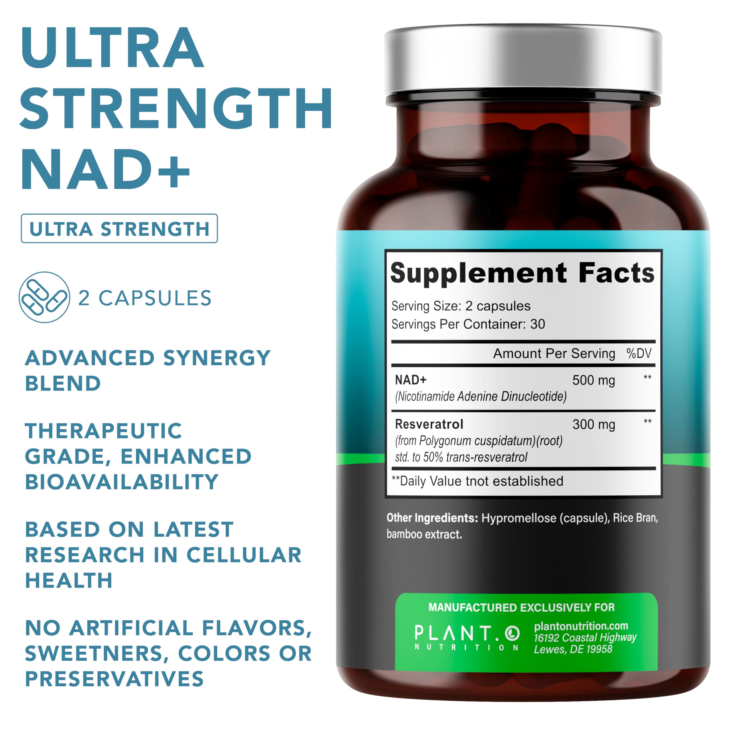 Etiqueta PLANT.O NUTRITION NAD+ y resveratrol, foco en calidad