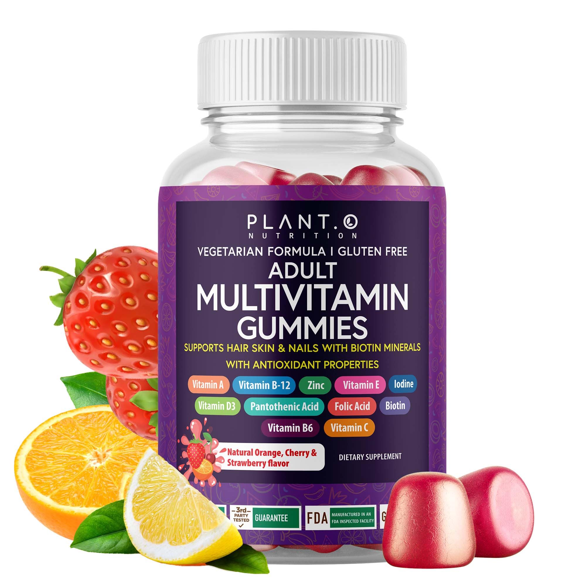 PLANT.O NUTRITION gominolas multivitamínicas, caja frontal, apoyo diario para energía y bienestar
