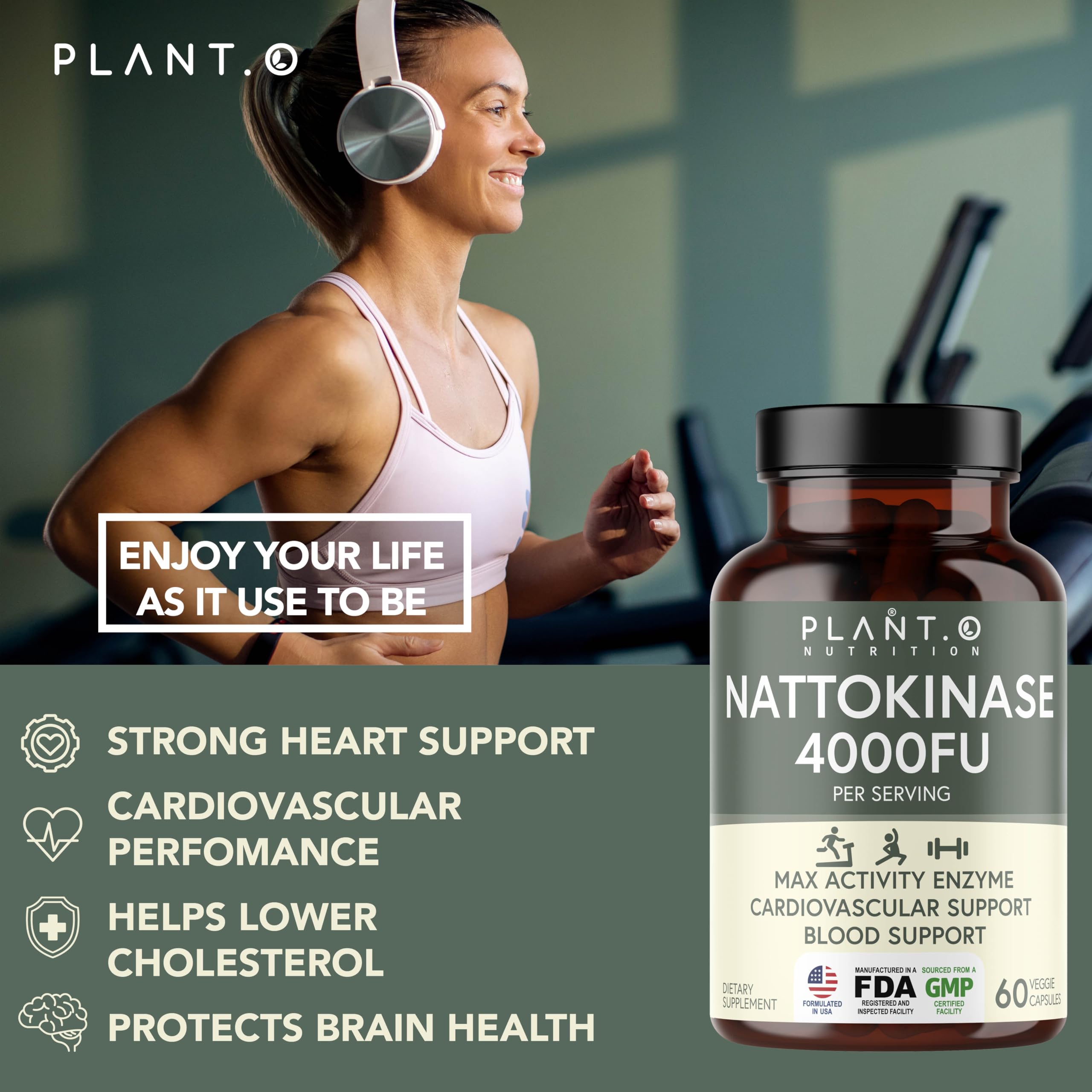 Presentación de 60 cápsulas de nattokinasa de PLANT.O NUTRITION