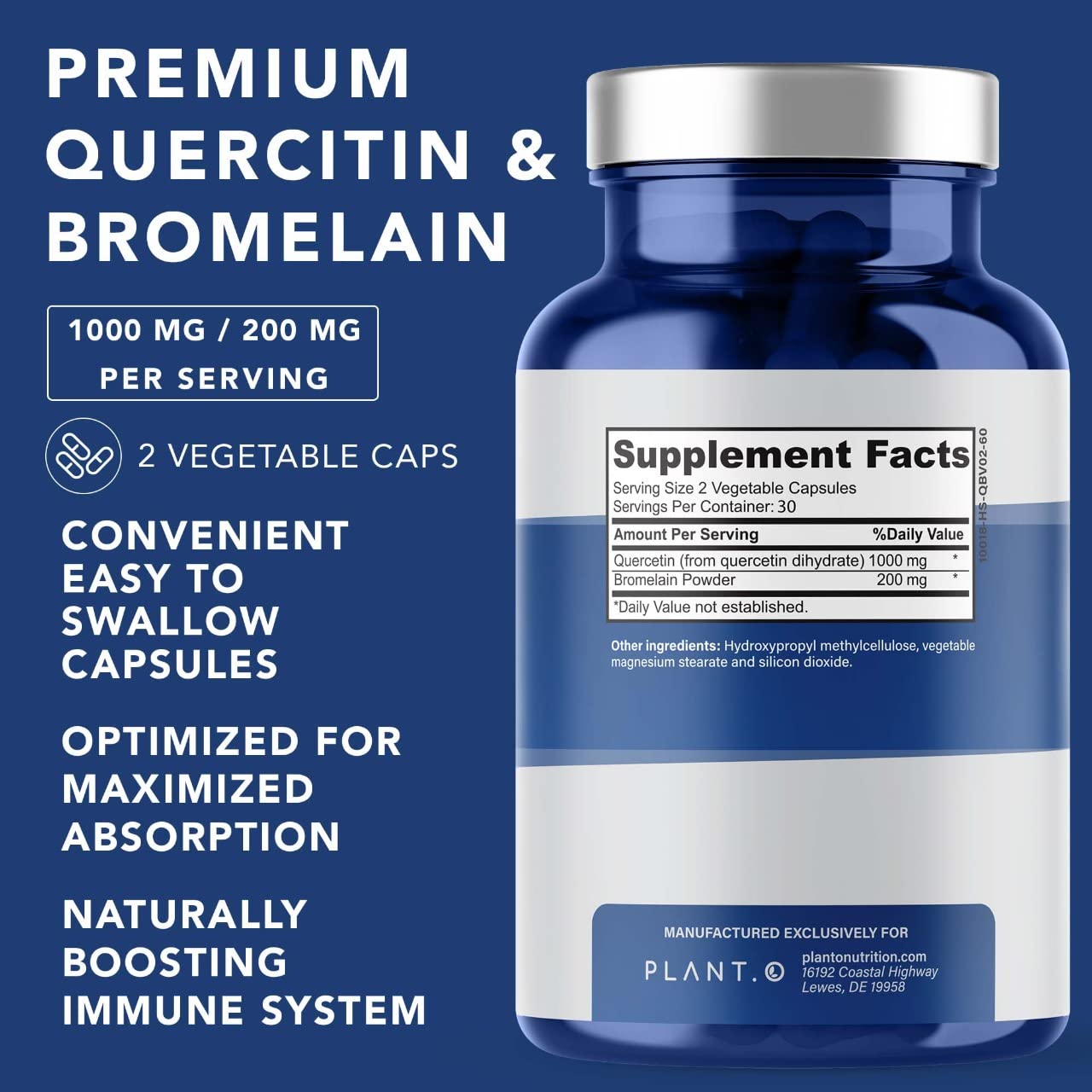 Etiqueta frontal de PLANT.O NUTRITION Quercetina con Bromelina resalta beneficios para bienestar diario