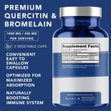 Etiqueta frontal de PLANT.O NUTRITION Quercetina con Bromelina resalta beneficios para bienestar diario