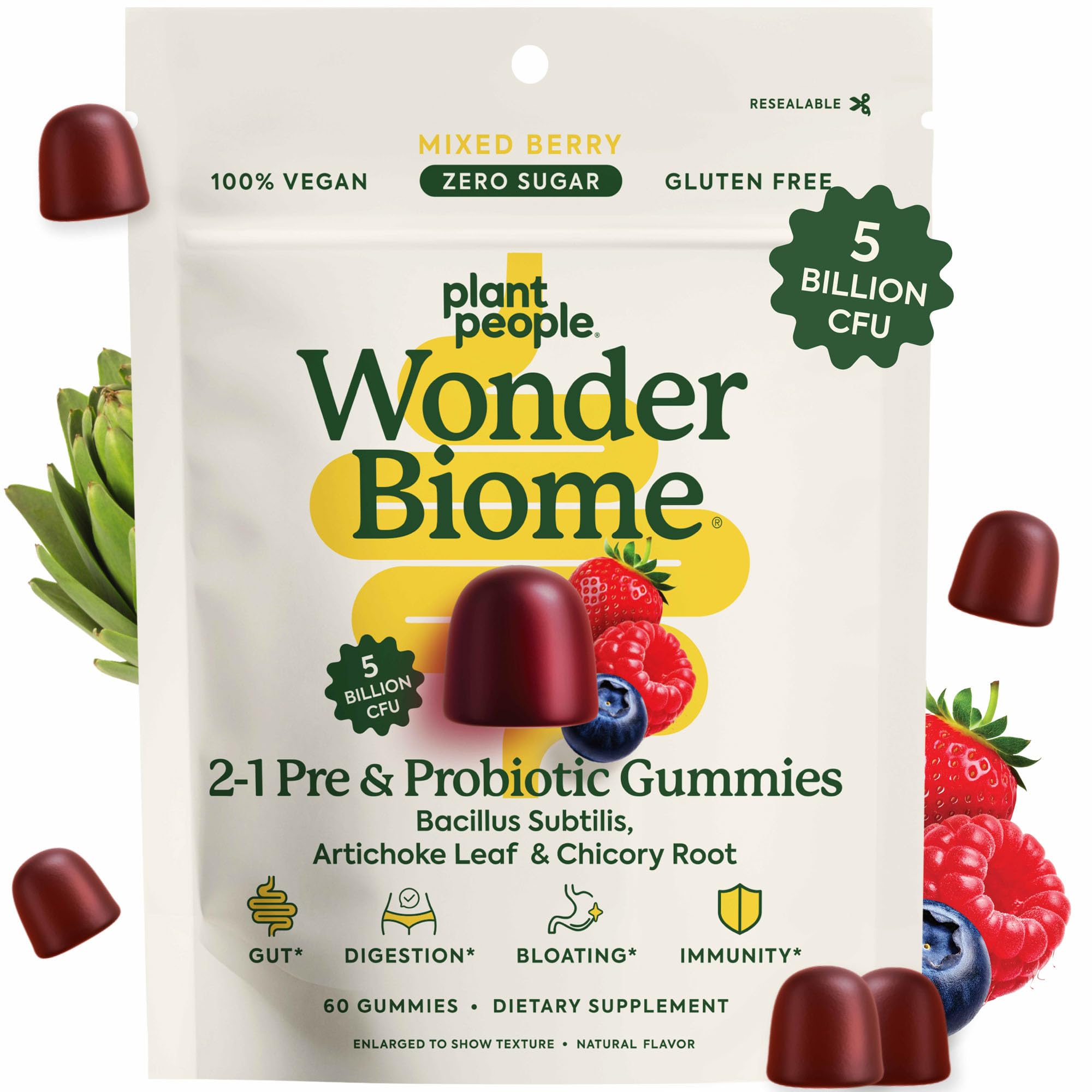 Gominolas WonderBiome en frasco para apoyar el microbioma y la digestión diaria.