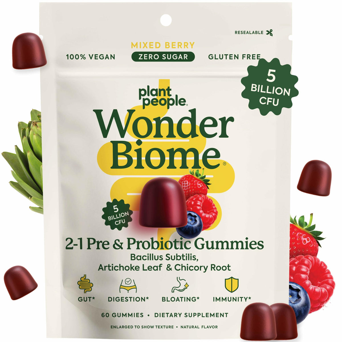 Gominolas WonderBiome en frasco para apoyar el microbioma y la digestión diaria.