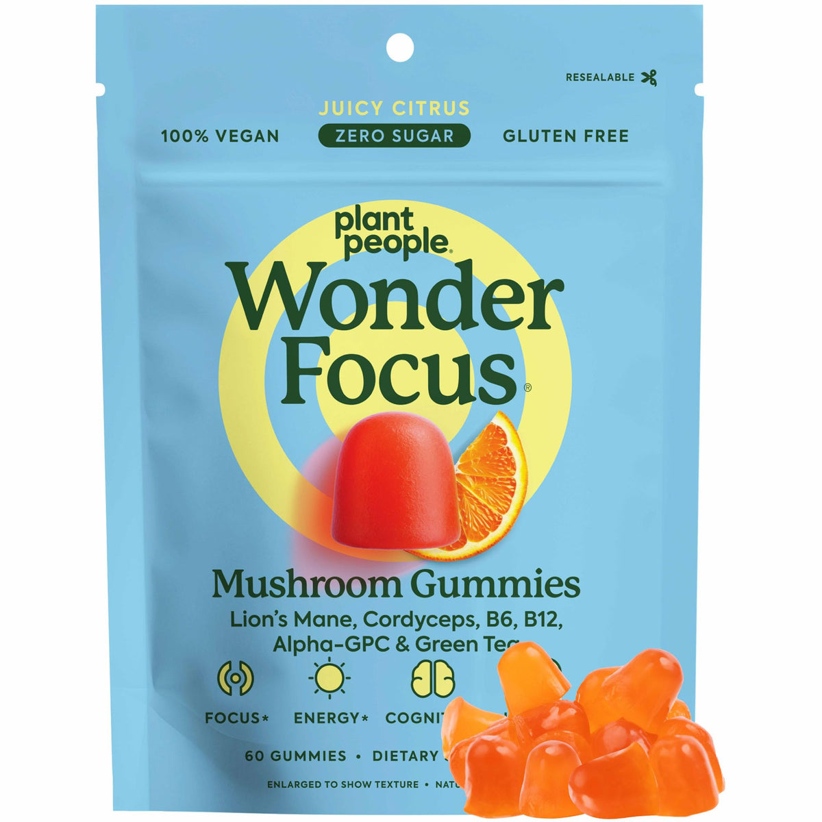 Plant People WonderFocus gominolas con Lion’s Mane y Cordyceps en envase práctico para uso diario