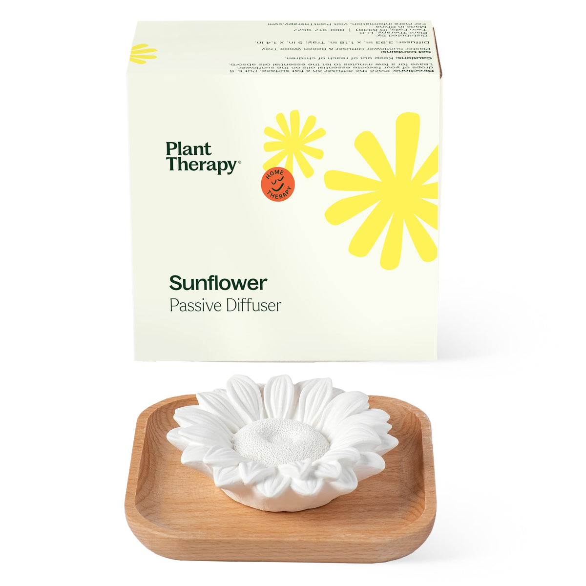 Plant Therapy difusor pasivo girasol frente, aroma suave para espacios pequeños.