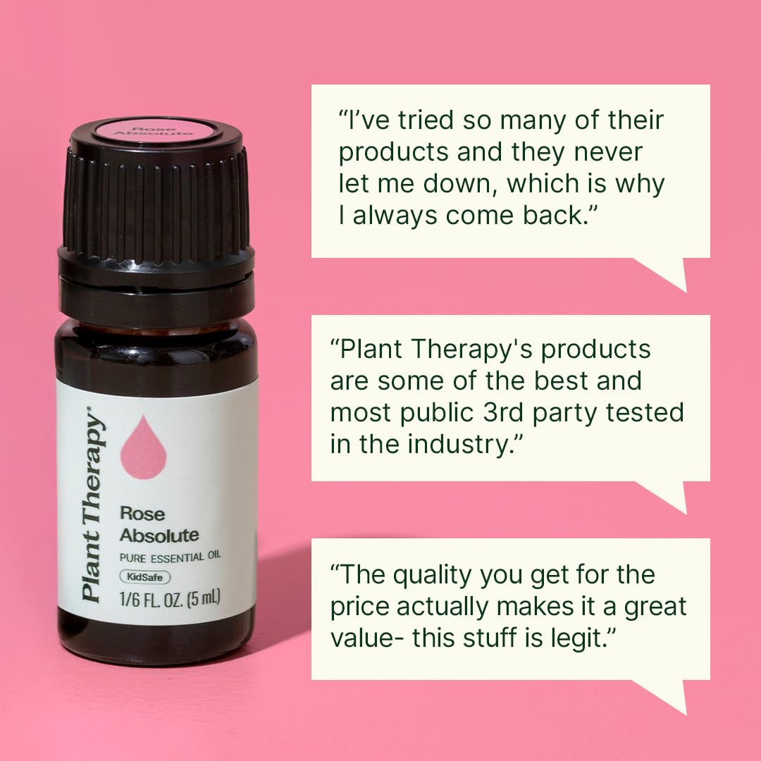 Plant Therapy Rose Absolute, aroma-relajante, ideal para momentos de meditación y bienestar.