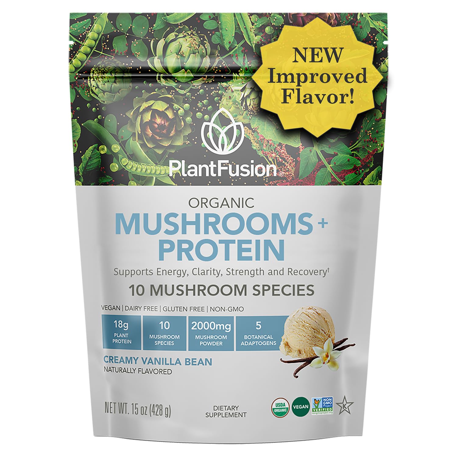 PlantFusion proteína de hongo vainilla en polvo, ideal para energía y recuperación.