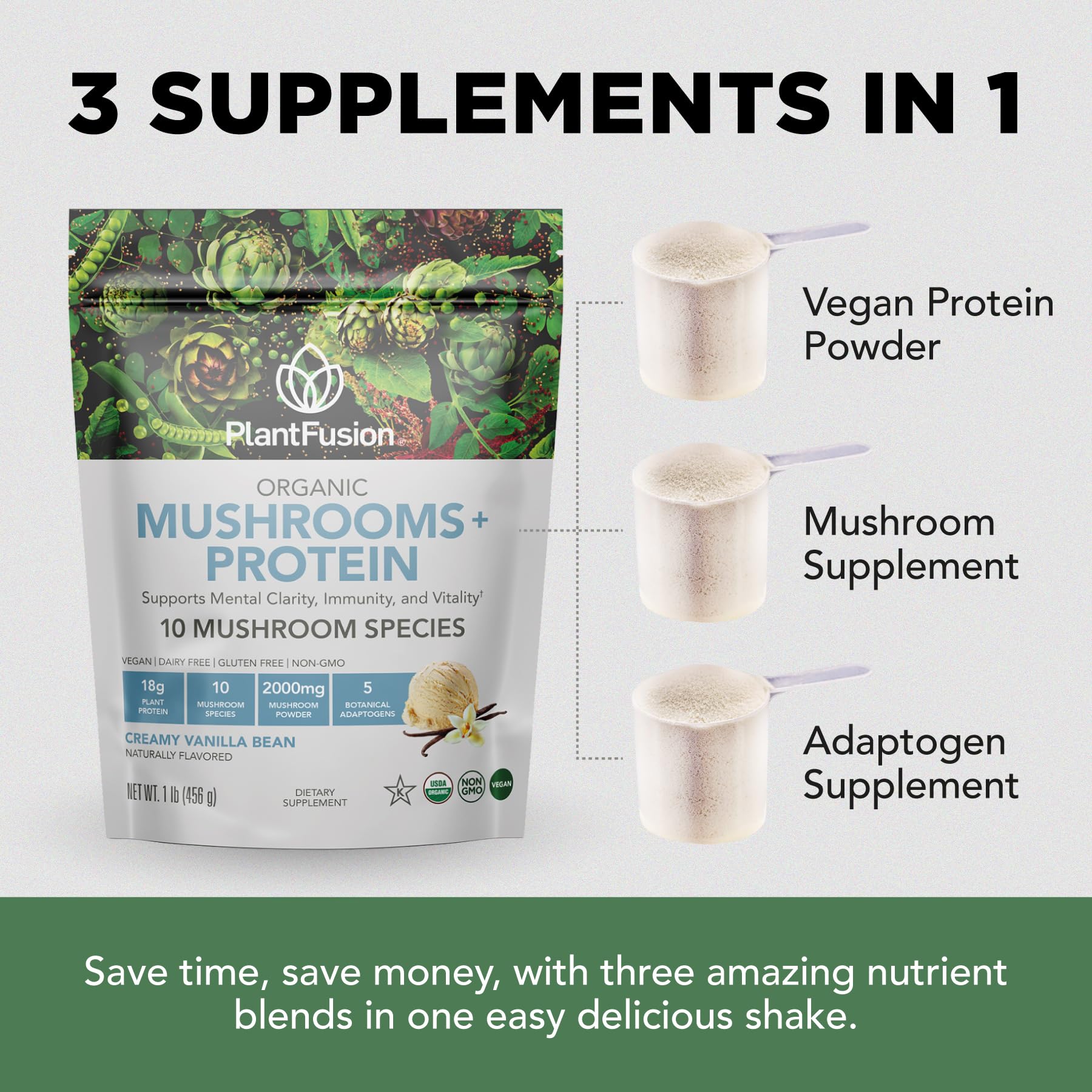 PlantFusion proteína vegana 3 en 1 ofrece proteína, hongo y adaptógeno para energía sostenida.