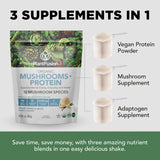 PlantFusion proteína vegana 3 en 1 ofrece proteína, hongo y adaptógeno para energía sostenida.