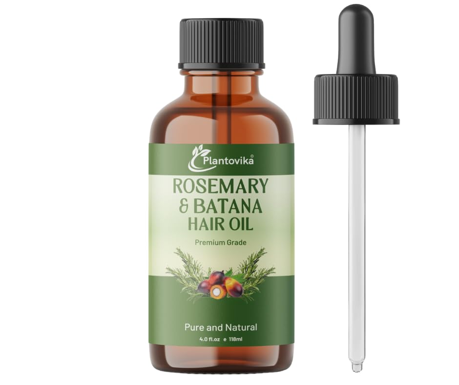 Plantovika Aceite Romero Batana, botella vertiendo, nutrición capilar y crecimiento potencial.