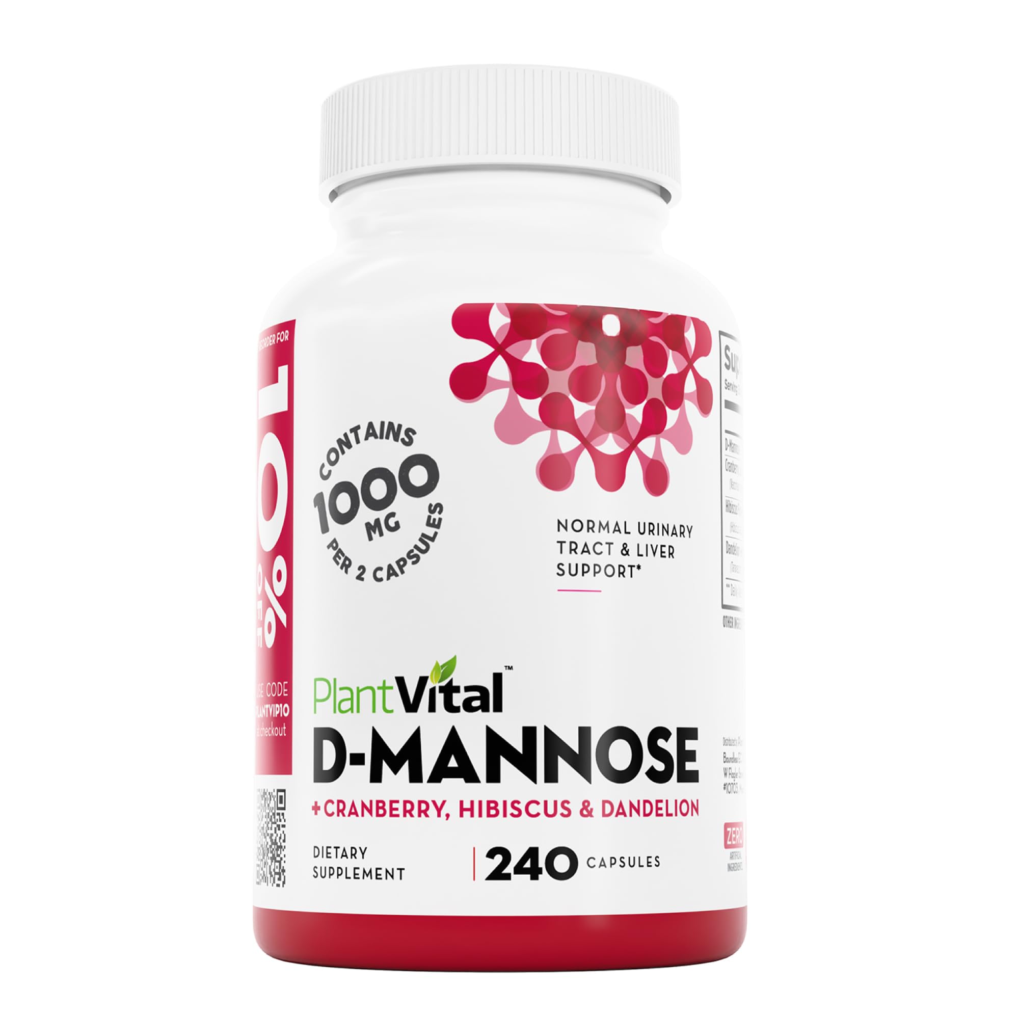 Plantvital D-Mannose cápsulas con cranberry, apoyo a la salud urinaria diaria.