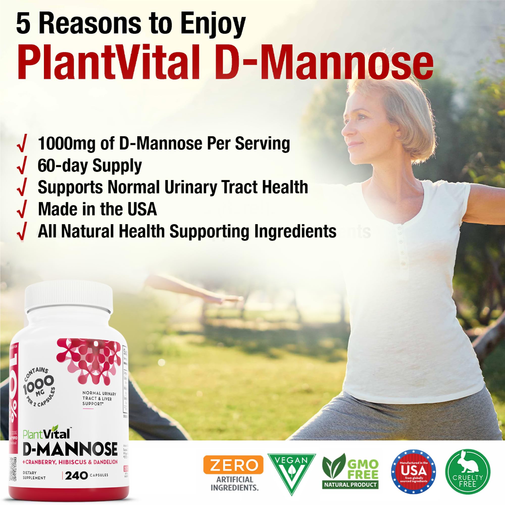 Plantvital D-Mannose: envase de cápsulas con cranberry, hibisco y diente de león.