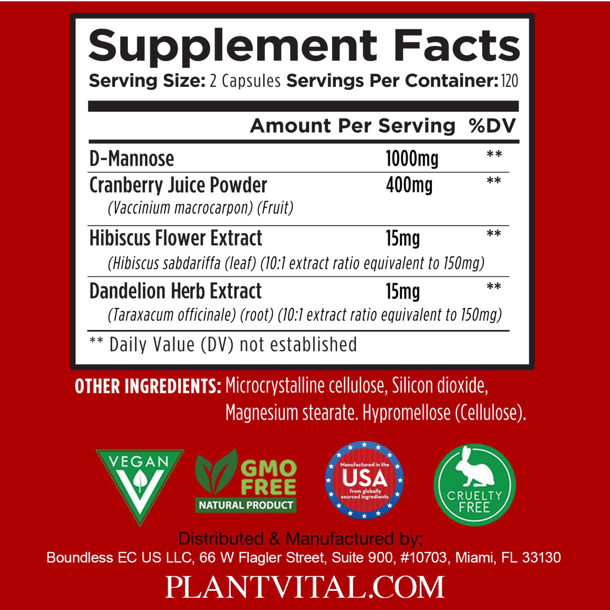 Plantvital D-Mannose con cranberry en polvo, hibisco y diente de león.
