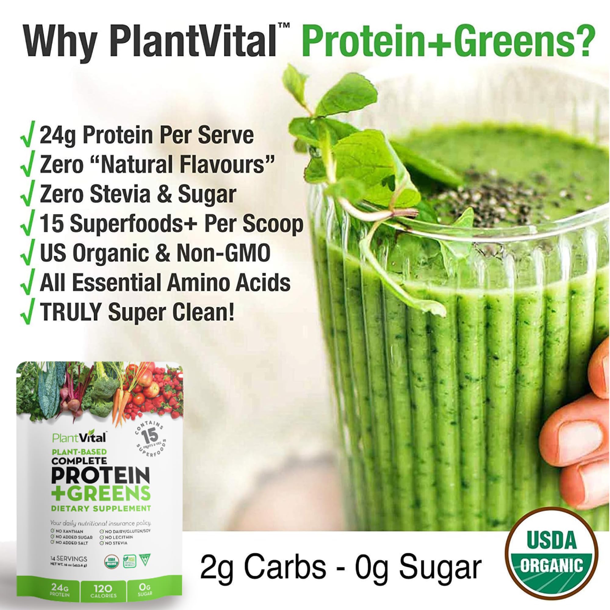 Plantvital etiqueta orgánica sin sabor, opción saludable para batidos diarios.