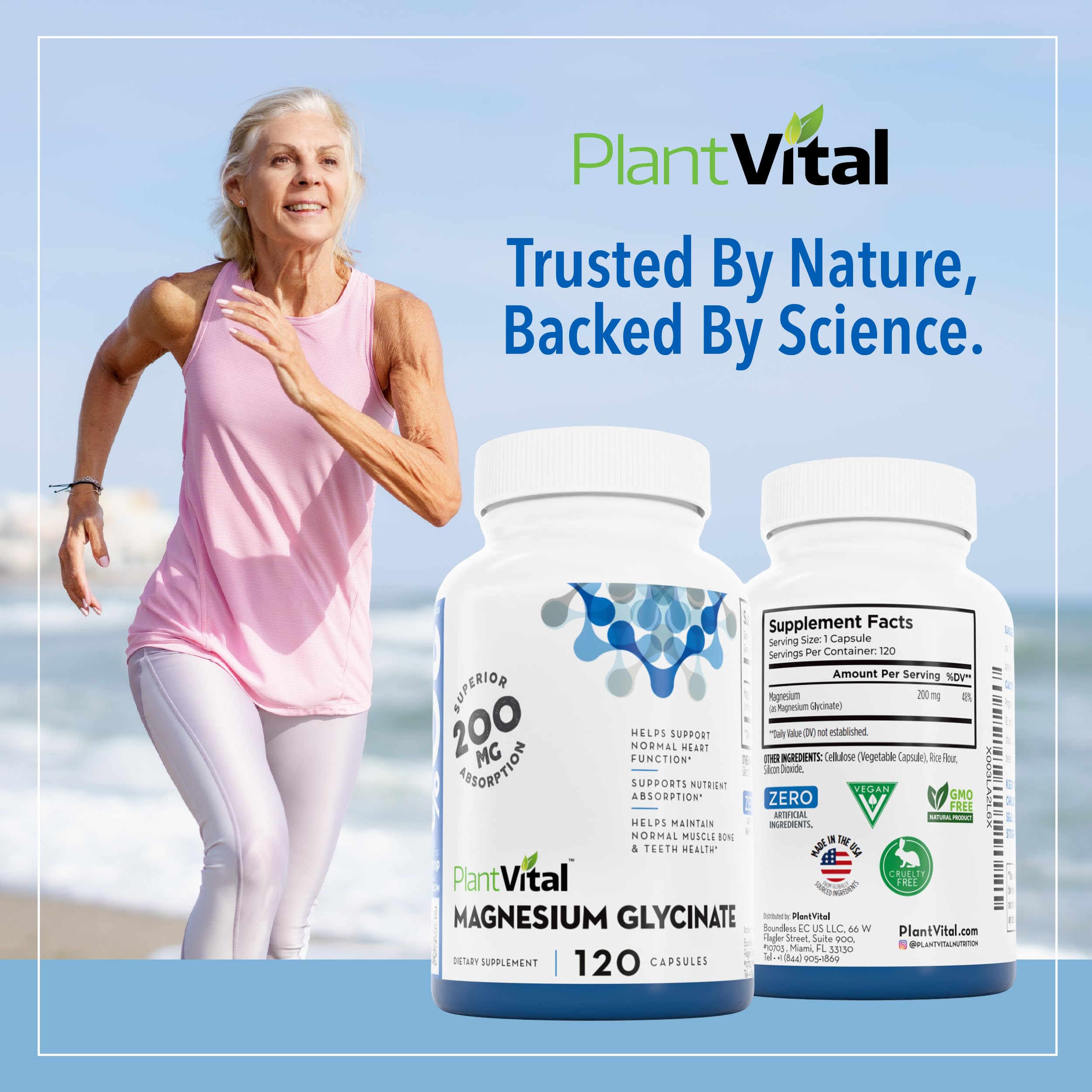 Plantvital magnesio glicinato 200mg, caja detallada para almacenamiento seguro.