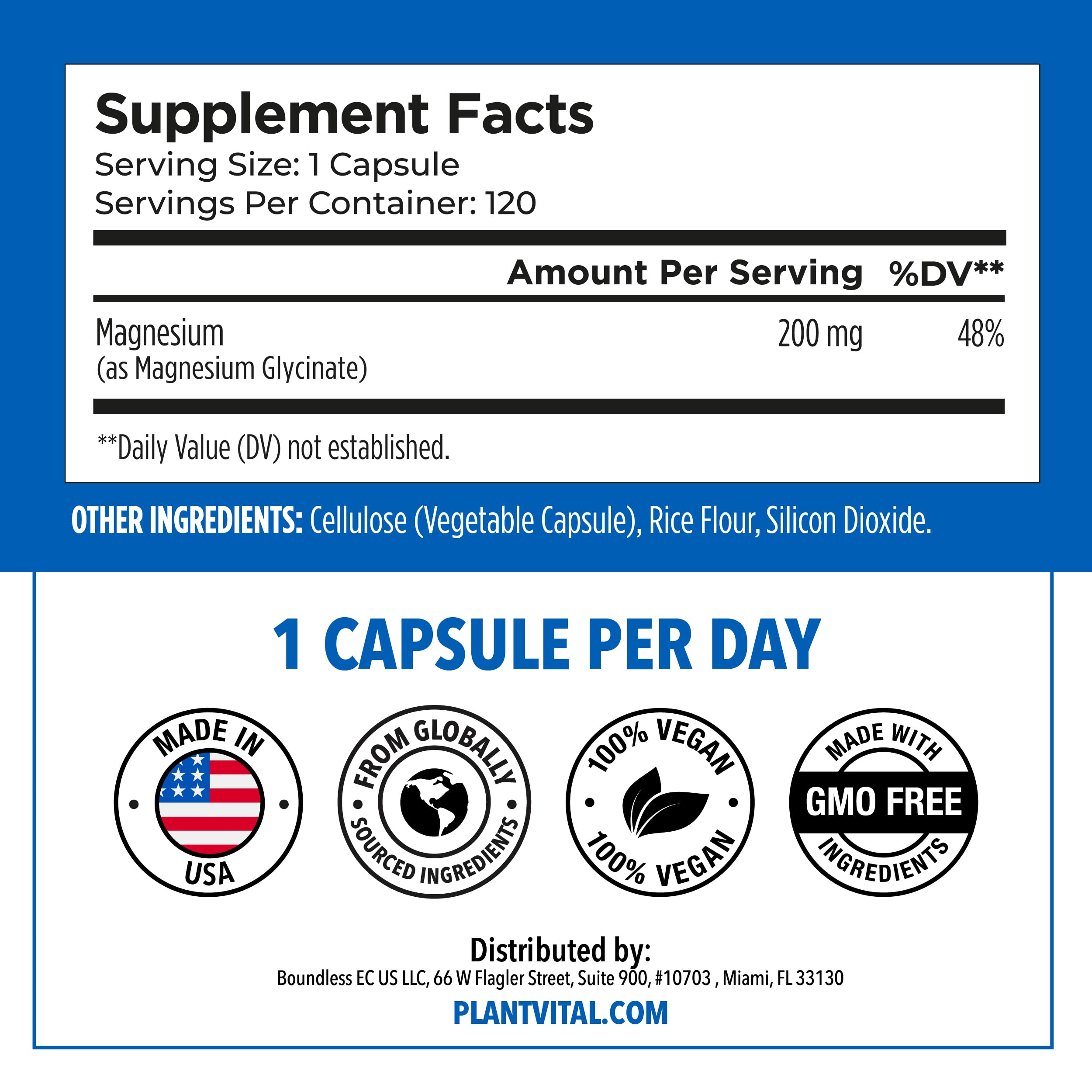 Plantvital magnesio glicinato 200mg cápsulas, uso nocturno para relajación.