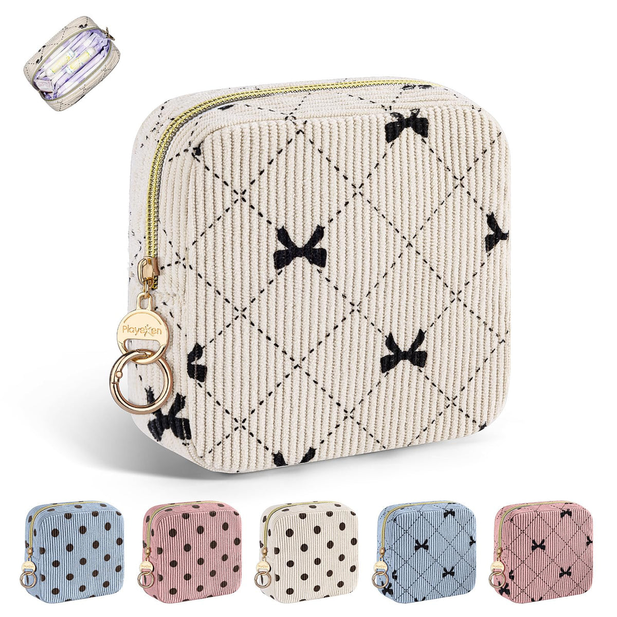Playexen bolsa periodo en sarga beige con lazo, almacenamiento discreto.