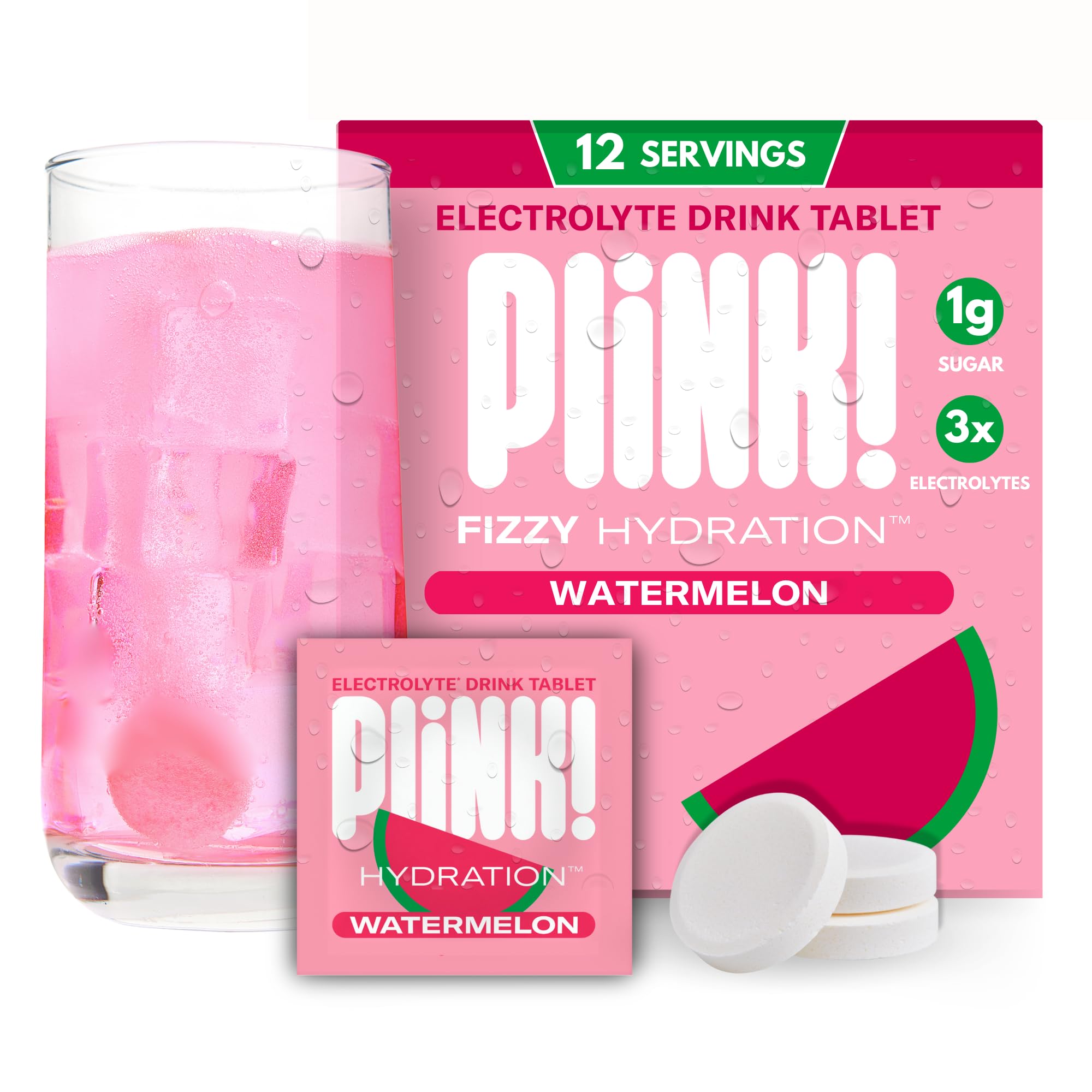 Plink! tableta de electrolitos frente a la cámara, hidratación rápida para días activos.