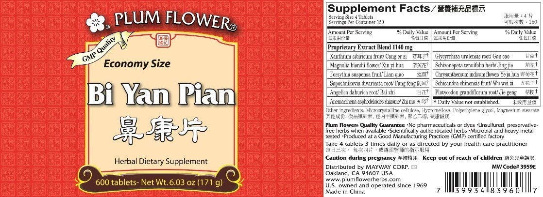 Bi Yan Tabletas Plum Flower, frasco de 600 tabletas para uso diario.