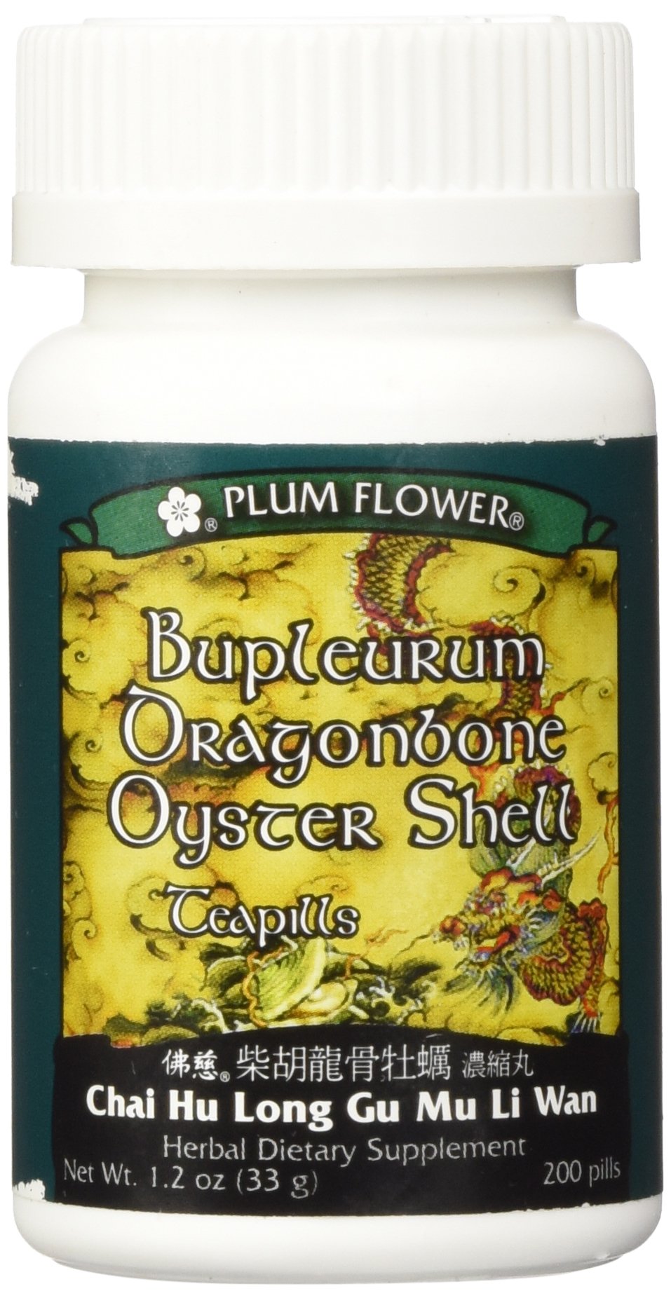 Píldoras Bupleurum Long Gu Mu Li de Plum Flower en botella para uso diario.