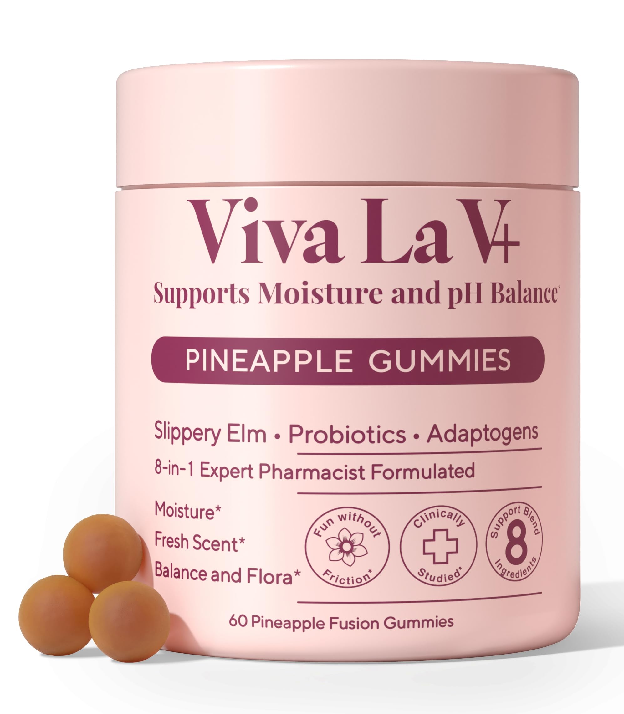 Plus+Ultra gomitas probióticas con olmo resbalizo, envase frontal, sabor piña, apoyo al equilibrio íntimo.