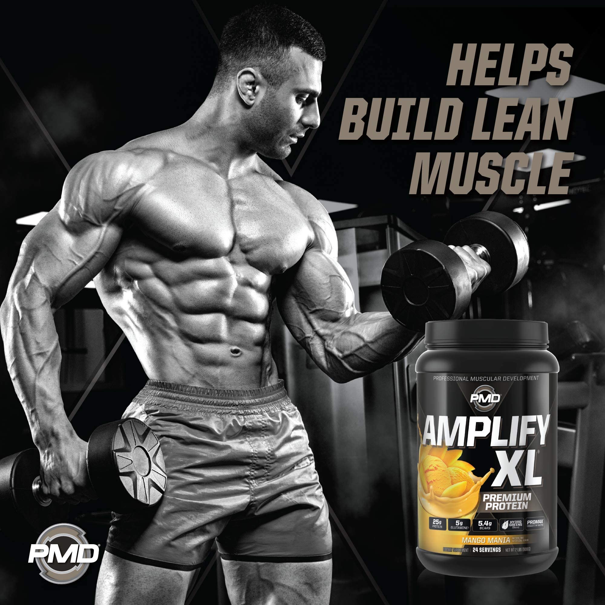 PMD Amplify XL polvo de proteína en primer plano para mezcla rápida