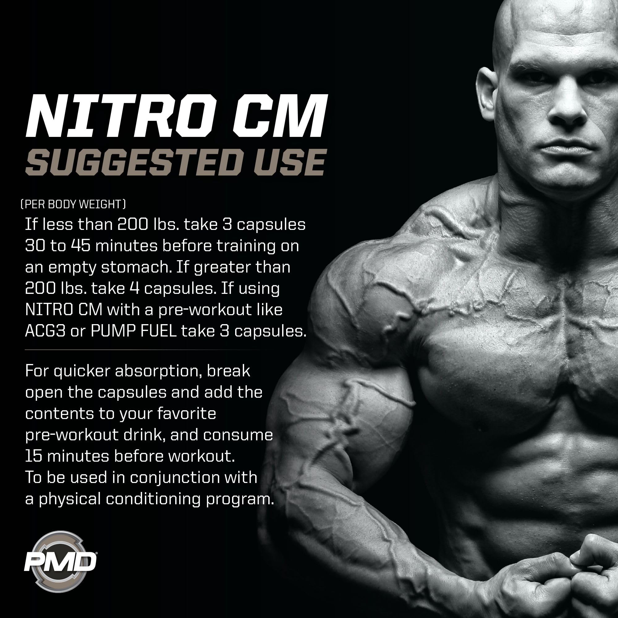 PMD Nitro CM: fórmula sin estimulantes para entrenamientos seguros.