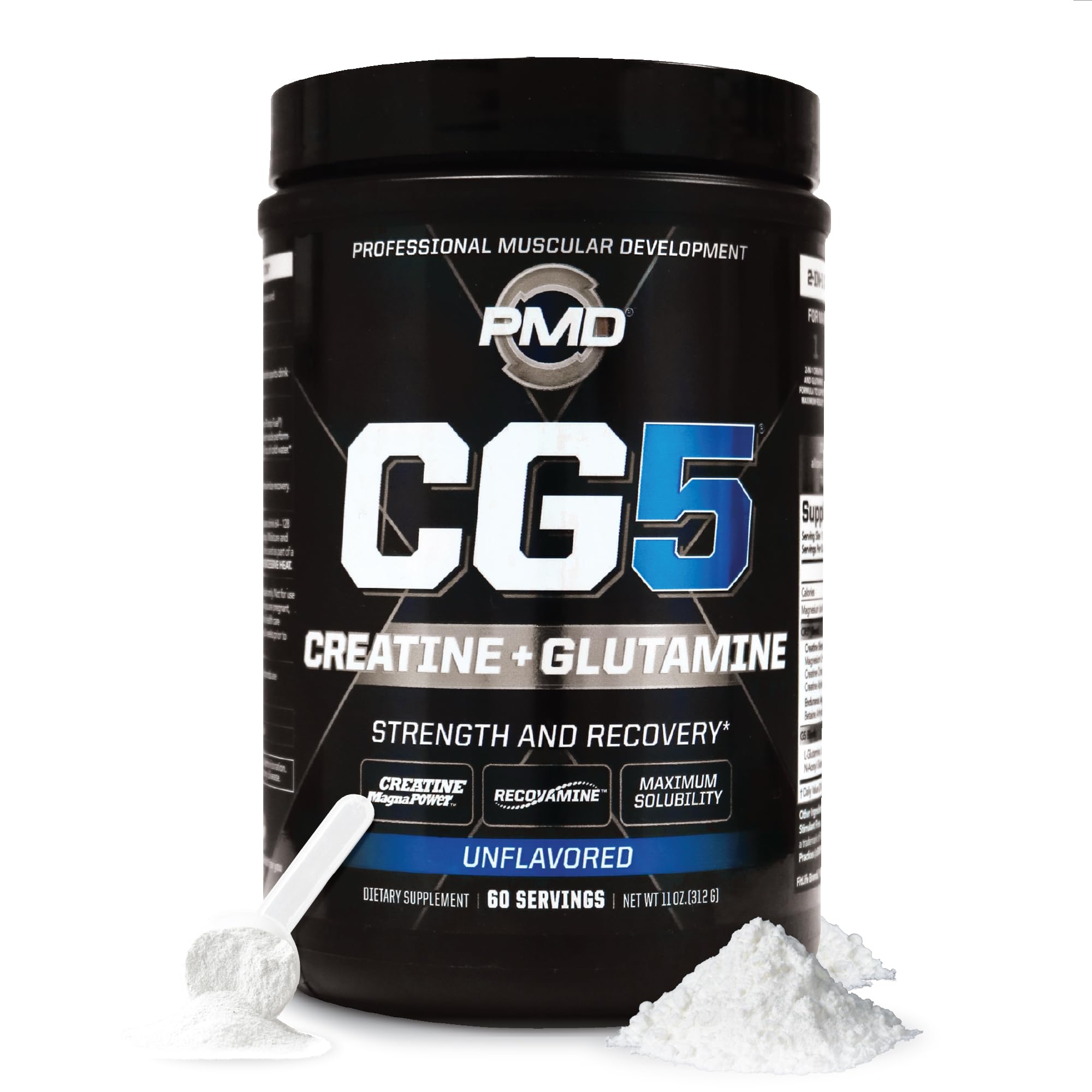 PMD Sports CG5: polvo de creatina y glutamina en bote para entrenamiento y recuperación.