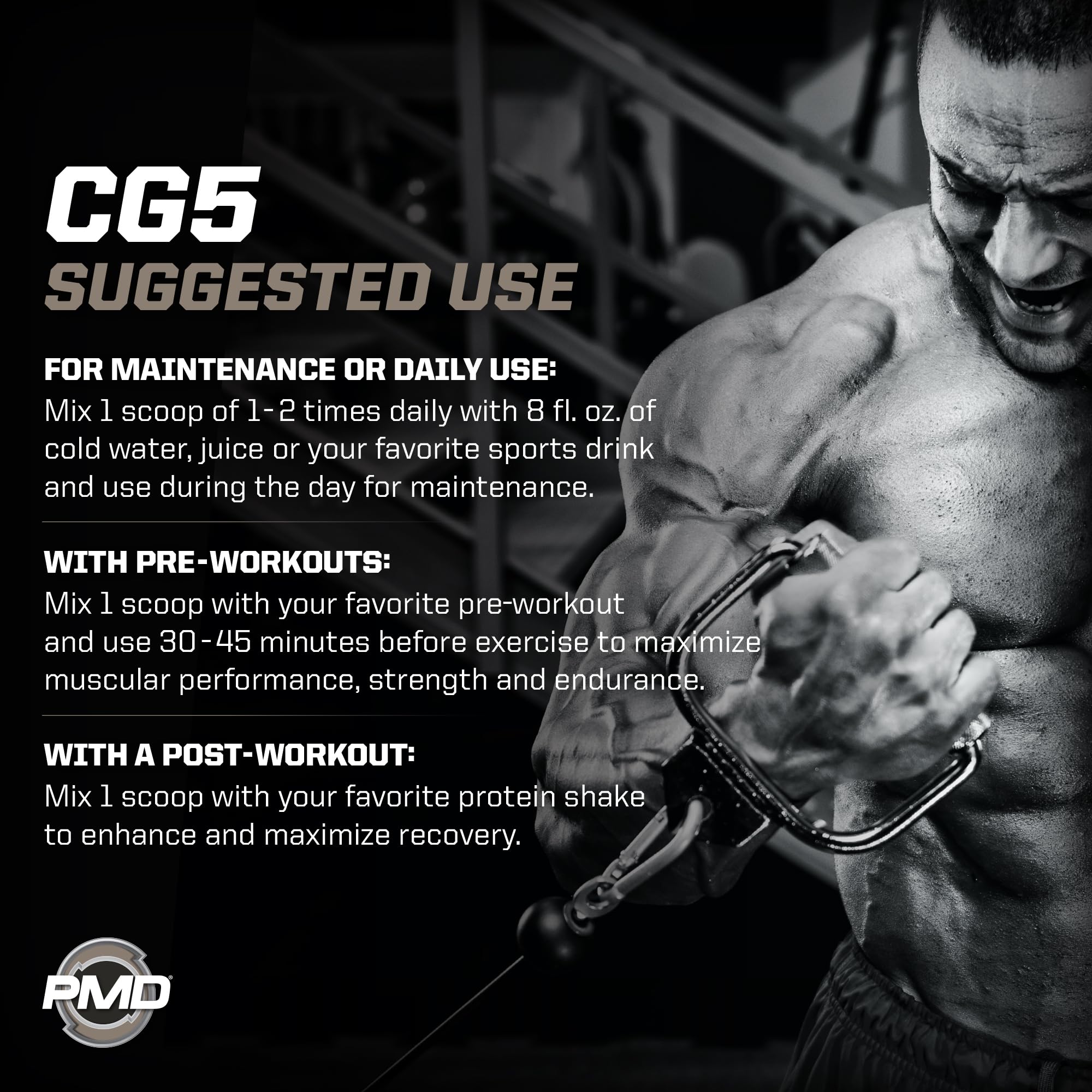 PMD Sports CG5: etiqueta nutricional para conocer ingredientes y dosificación.